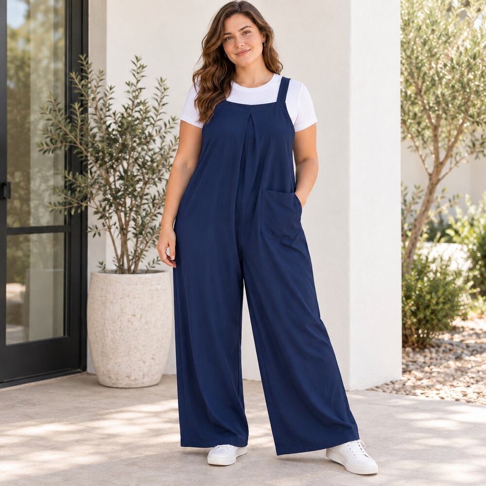 Halara Women’s Large Navy Wide Leg Jumpsuit Sleeveless Pocket Stretch